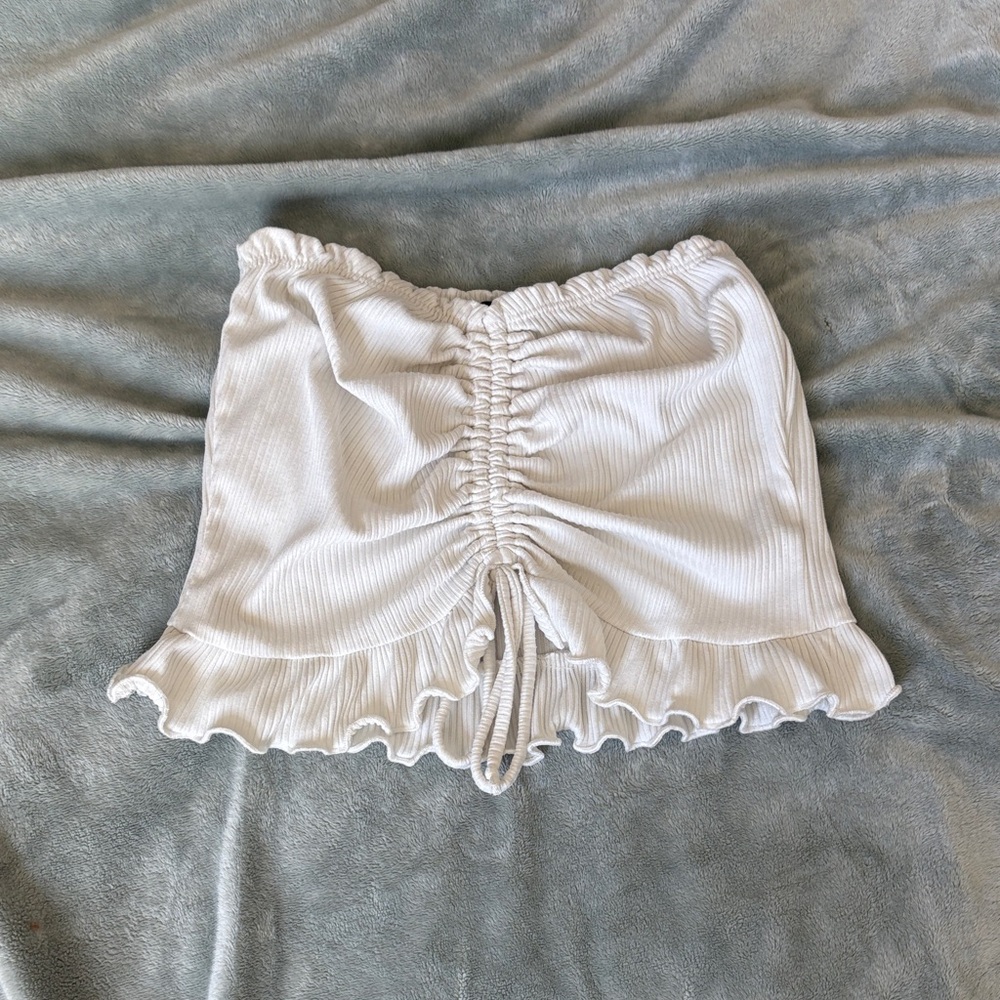 White Ruched Ruffle Tube Top